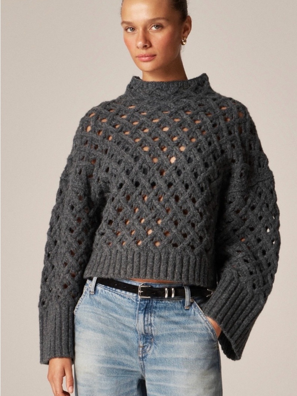 J. Crew Cross Cable Charcoal Mockneck Sweater in Wool Blend